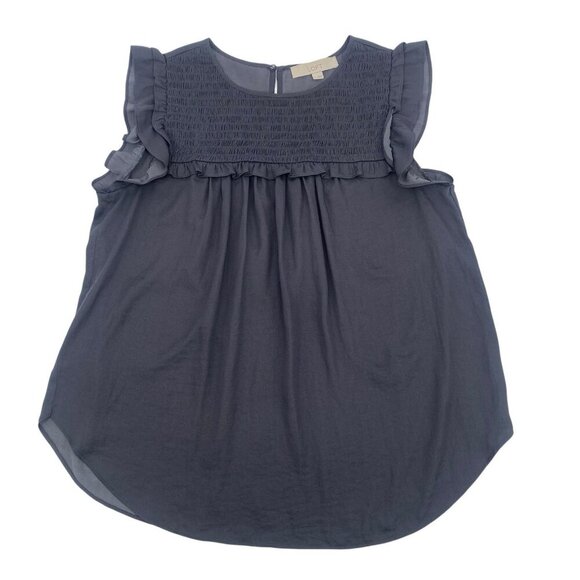 LOFT  Size M Gray Satin Sleeveless Smocked Ruffled Front Blouse - Picture 1 of 11